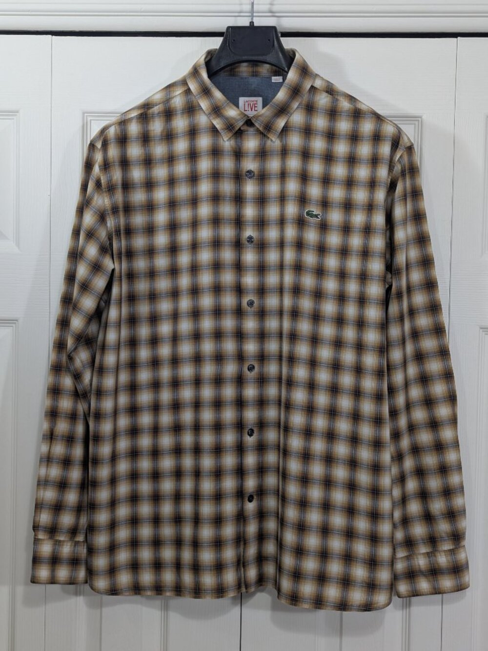Lacoste Live Men's Plaid Button Down Shirt - Orange, white and blue